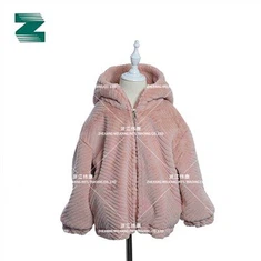 Fischgräten-Kunstpelzmantel mit Kapuze und Reißverschlussleiste für Kinder